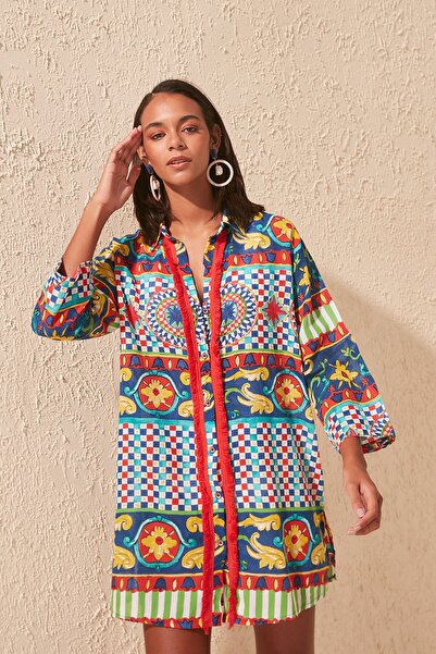 Trendyol Collection Ethnic Patterned Woven Tasseled 100% Cotton Shirt TBESS20GO0163