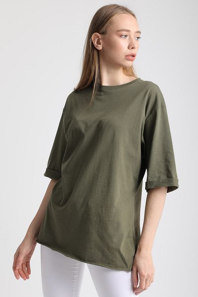 MD trend Women's Khaki Crew Neck Sleeve Layered Cotton T-Shirt Mdt3058
