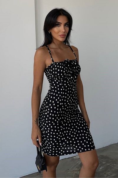Hisleria Rochie mini cu cravată în față cu model de buline de vară - neagră