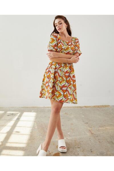 ZY BUTİK TURUNCU-YEŞİL KARE YAKA KISA KOLLU ETNİK DESENLİ KETEN ELBİSE