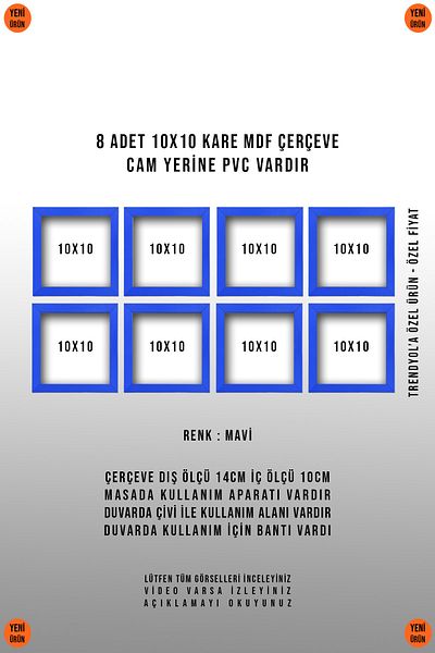 yhfoto 8 BUC 10X10 MINI CADRU ALBASTRU PĂTRAT - CADRU MDF
