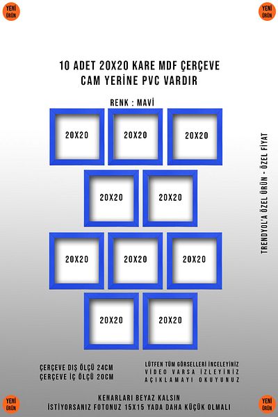 yhfoto 10 BUC 20X20 CADRU ALBASTRU PĂTRAT - CADRU MDF