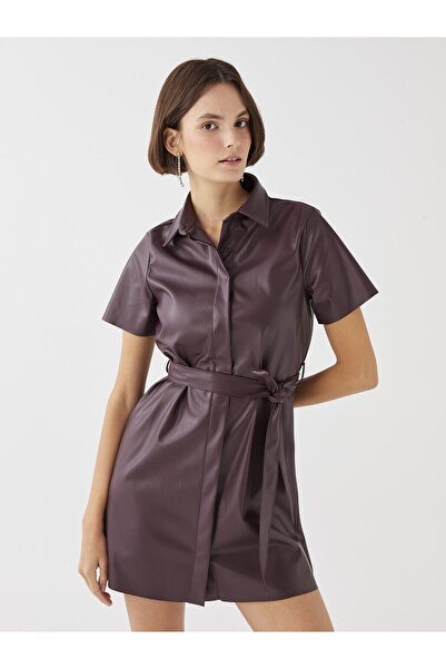 LC Waikiki Plain Short Sleeve Leather Look Women's Shirt Dress