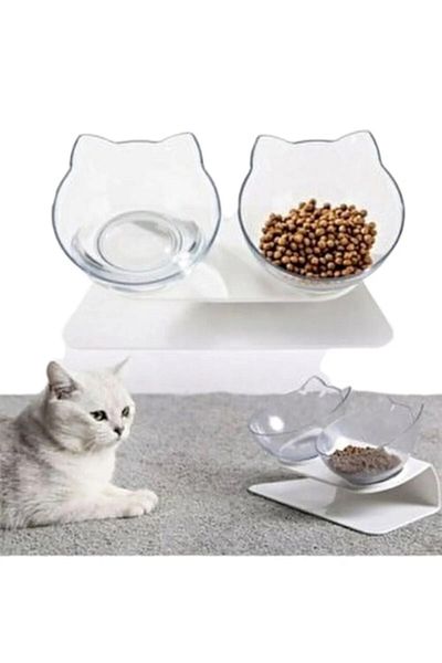 TİNEKE Transparent 2-Piece Cat Head Food Bowl with Stand