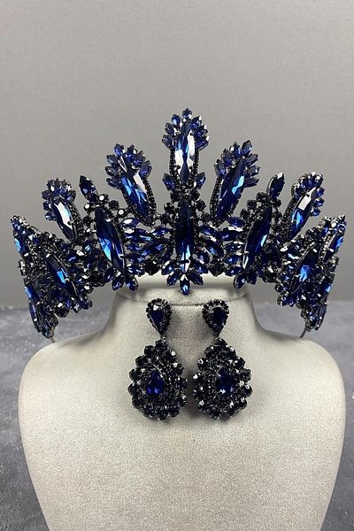 Hayalperest boncuk Navy Blue High Model Bridal Costume Crown Shuttle Stone Earring Set Henna Crown Bridal Wedding Crown