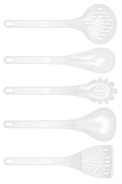 Selenica White Teflon 5-Piece Ladle Set; Ladle, Colander, Pasta Ladle, Spoon, Spatula