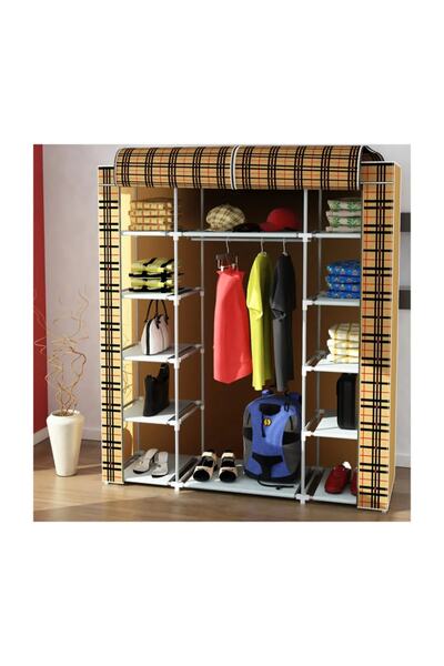 HOLTEK Çift Yandan Çok Raflı Plastik Profilli Bez Dolap Kumaş Gardrop