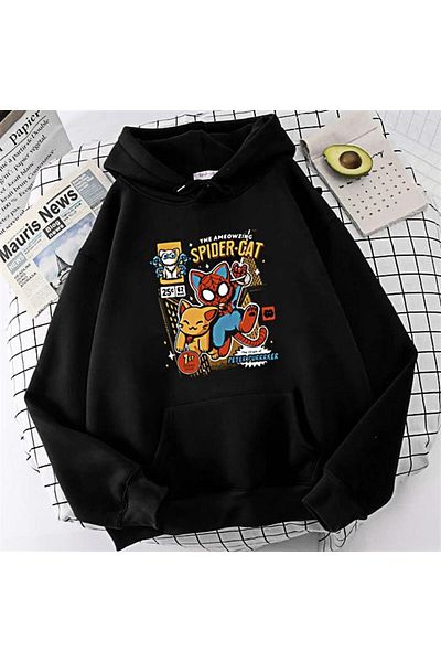 Touz Φούτερ LAGOM FASHION Spider-Cat με στάμπα μαύρο Unisex Oversize με κουκούλα
