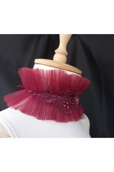 es moda shop Kubi guipure detailed tulle neck collar burgundy
