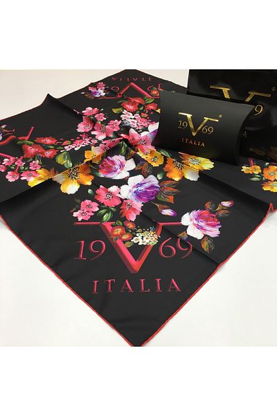 19V69 ITALIA Logo Floral Pattern Black Series Twill with Scarf Hanger and Gift Set 90x90 Cm