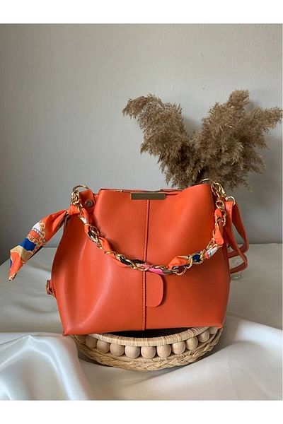 YNC Store Eșarfă portocalie și accesoriu cu lanț, din piele moale, geantă de mână și geantă de umăr cu 3 compartimente