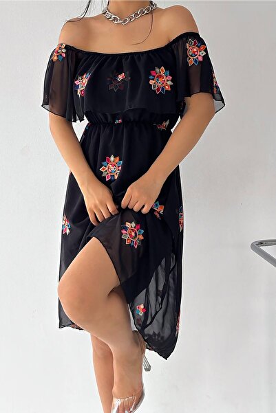 Neşeli Butik Rochie din șifon cu guler Carmen brodat pentru femei Kklf12 - ne...