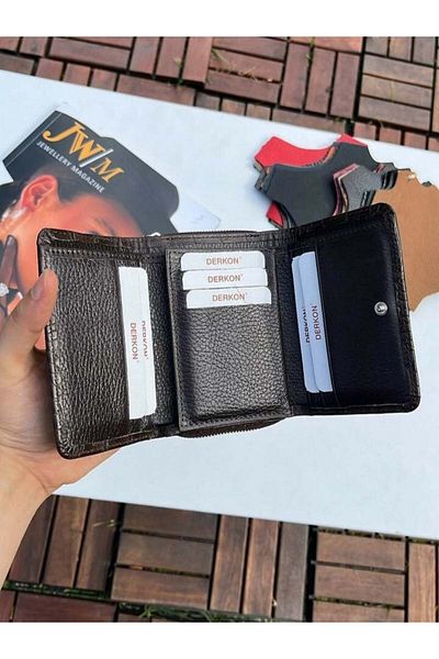 DERKON Small Useful Genuine Leather Crocodile Patterned Brown Wallet that Can Fit Any Bag