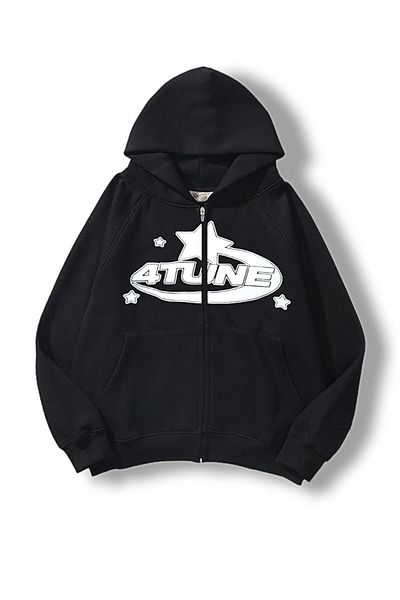 Touz Moda dompuleri moda 4 Tune Printed Oversize Zippered Black Unisex Hooded Cardigan