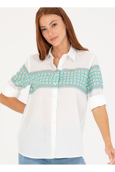 U.S. Polo Assn. BAZA. Polo Assn. Cămașă de damă verde cu model cu guler de cămașă de formă regulată PORI