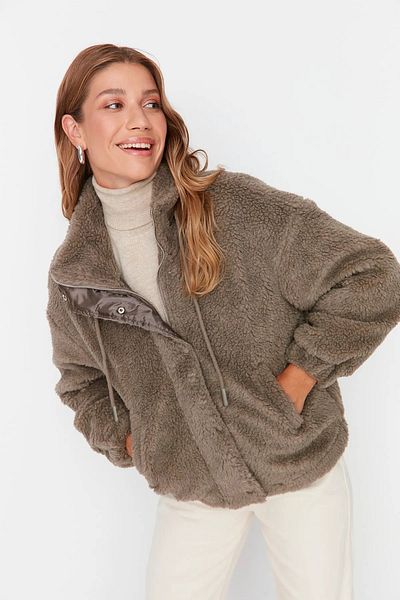 Trendyol Collection Oversize norková plyšová bunda - kabát na zip, Twoaw21Mo0132