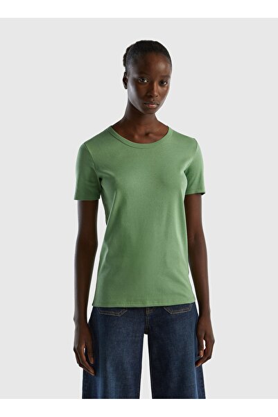 Benetton طاقم الرقبة عادي الأخضر الداكن المرأة تي شيرت 3GA2E16A0