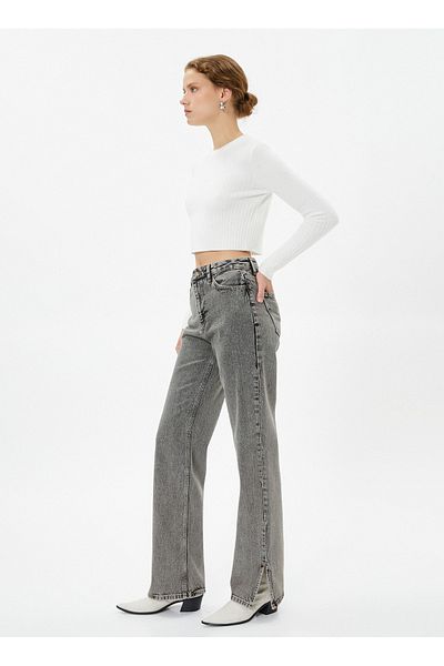 Koton Pantaloni negri din denim pentru femei, cu talie înaltă, cu picioare late, 4WAL40041MD
