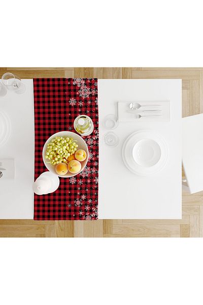 Hayal Dekoratif New Year's Themed Red and White Colored Plaid Patterned Digital Printed Runner Tablecloth