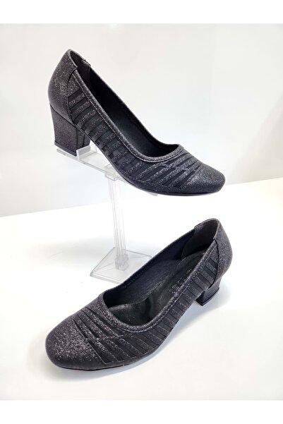 MFO NUR ROSE 9136 أسود-فضي بكعب منخفض مريح مناسب للنساء فستان سهرة مغلق أسود-فضي