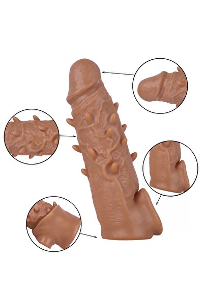 Gerçekçi Et Dokusunda Testis Aparatlı 5 CM Uzatmalı Silikon Tırtıklı Penis Kılıfı