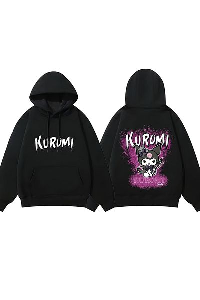MECH BUTİK Kuromi Sweatshirt Kuromi Front Back Printed Hoodie Black Sweatshirt