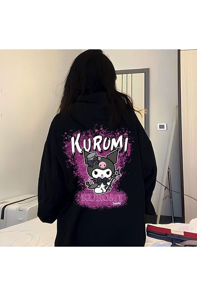 MECH BUTİK Kuromi Sweatshirt Kuromi Front Back Printed Hoodie Black Sweatshirt