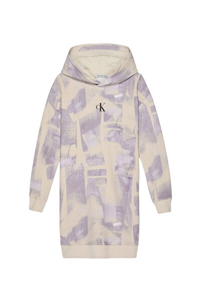 Calvin Klein Desenli Bej Kız Çocuk Diz Üstü Elbise IG0IG020450F4