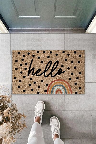 Pazarova Rainbow Patterned Hello Written Modern Decorative Interior and Exterior Door Mat 70x45 Cm MH-7003