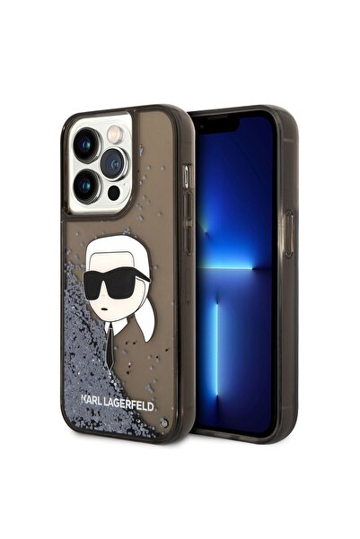 Karl Lagerfeld حافظة مرخصة متوافقة مع هاتف Iphone 14 Pro، غطاء بتصميم Karl Liquid Glittery Karl Head
