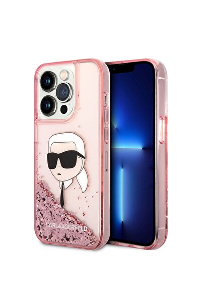 Karl Lagerfeld حافظة مرخصة متوافقة مع هاتف Iphone 14 Pro، غطاء بتصميم Karl Liquid Glittery Karl Head