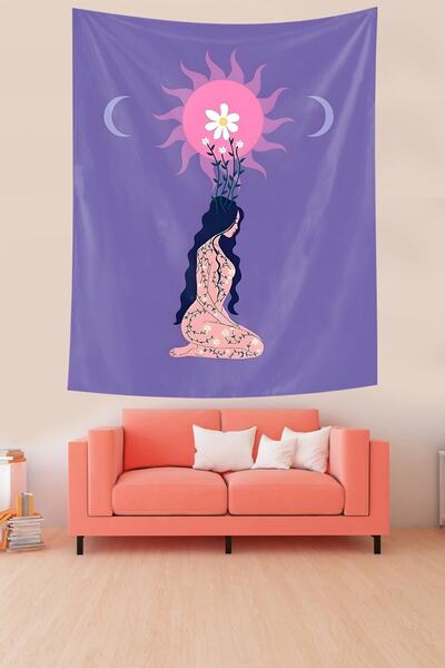 linazaitun Girl Doing Yoga Themed Stain Resistant Fabric Wall Cloth Wall Tapestry Tapestry