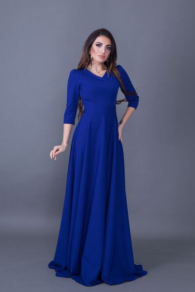 NO48 Βραδινό φόρεμα με φουσκωτό φόρεμα Sax Blue V λαιμόκοψη 3/4 υφαντό ύφασμα με ντραπέ