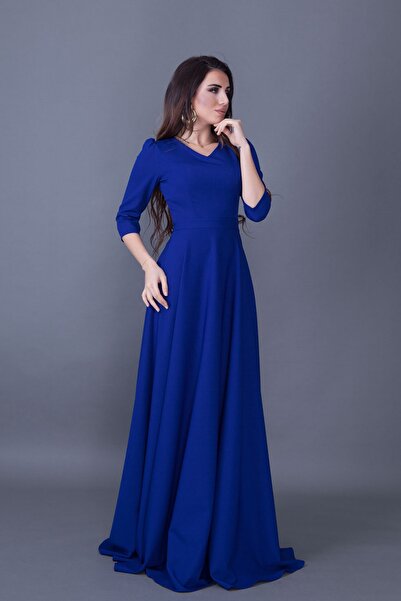 NO48 Βραδινό φόρεμα με φουσκωτό φόρεμα Sax Blue V λαιμόκοψη 3/4 υφαντό ύφασμα με ντραπέ