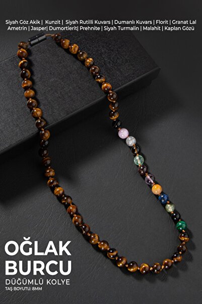 OSMANLI DEĞERLİ TAŞ Oğlak Burcu Düğümlü Kolye Sertifikalı Doğal Taşlı (Malahit, Lal, Turmalin, Kunzit, Kaplan Gözü)