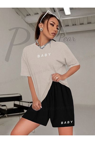 Pear Wear Women's Baby Printed Oversize Tshirt Shorts Double Set