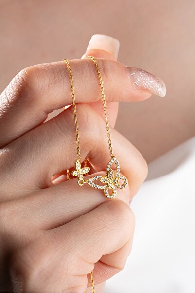 Nereze 925 Ayar Gümüş Gold Uçuşan Çift Kelebek Kolye