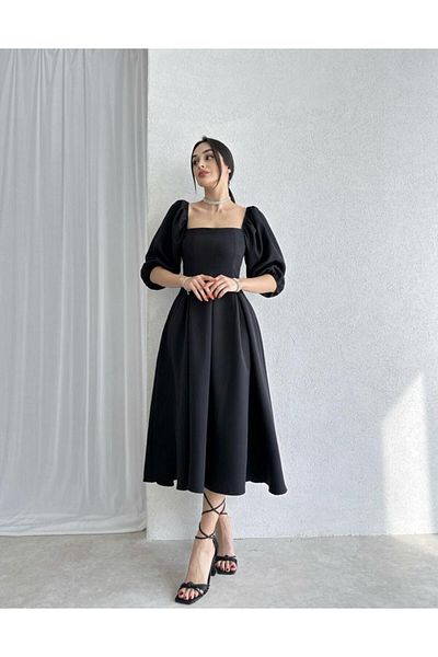 Afiş Butik Μίντι φόρεμα με πλισέ μαύρο τετράγωνο λαιμό