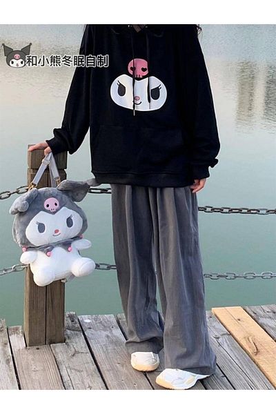 Touz Φούτερ LAGOM FASHION Kuromi Face Printed Μαύρο Unisex Oversize με κουκούλα