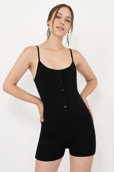 Soyo Women's Black Strap Front Buttoned Viscose Mini Jumpsuit