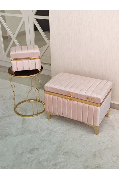 HESKAR HOME Pudra Renk Altın Şeritli Modern 2 Li Gelin Çeyiz Sandığı