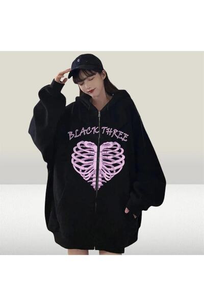 Touz Moda dompuleri moda Black Three Cage Heart Printed Oversize Zippered Black Unisex Hooded Cardigan