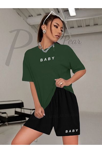 Pear Wear Women's Baby Printed Oversize Tshirt Shorts Double Set