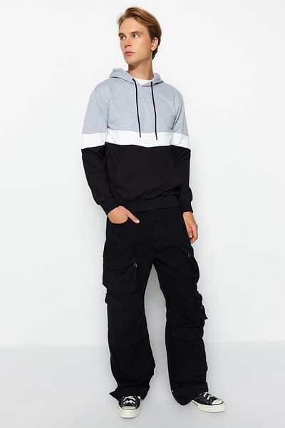 Trendyol Collection Grey Color Block Slim Fit mikina s kapucí – klokaní kapsa, TMNAW20SW0208