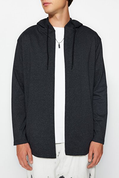 Trendyol Collection Anthrazitfarbenes Kapuzenpullover/Cardigan mit normaler Passform und Reißverschluss TMNAW21HI0211