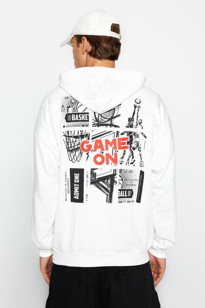 Trendyol Collection Екрю Oversize/Широкий крій з капюшоном, довгі рукави, баскетбольний принт, світшот TMNAW24SW00005