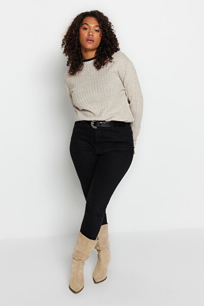 Trendyol Curve Πλεκτό πουλόβερ μπεζ με ριγέ γιακά TBBAW24AN00029