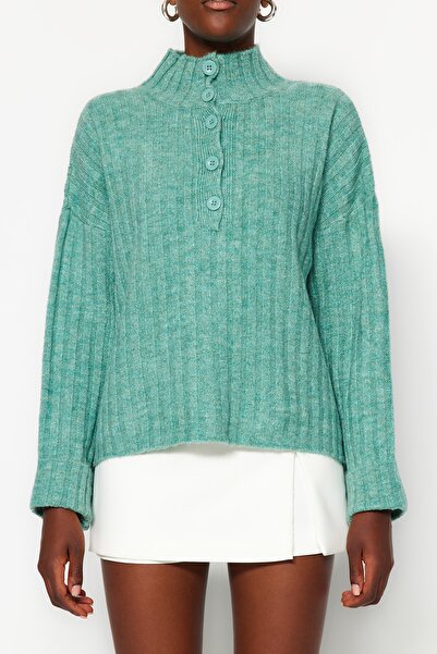 Trendyol Collection Tricotaj cu guler vertical cu textura moale, mentă TWOAW21KZ0783