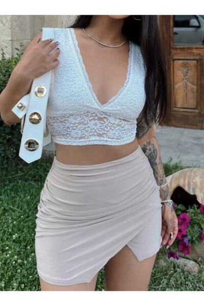 WEAR AND WEAR Women's White V-Neck Thick Strap Lace Bustier Lined Guipure Bralet Crop