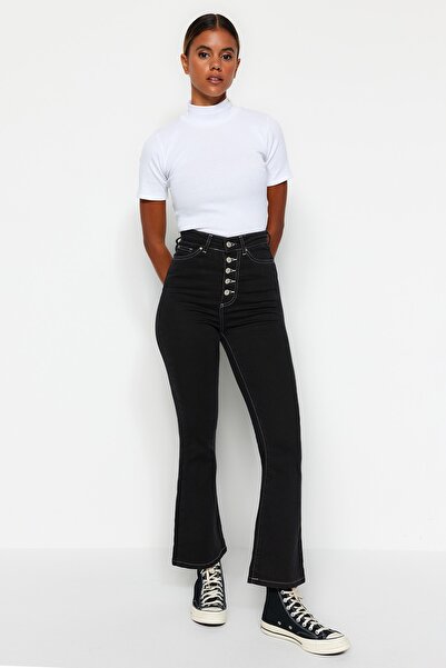 Trendyol Collection Black Front Buttoned High Waist Crop Flare Jeans TWOAW23JE00136